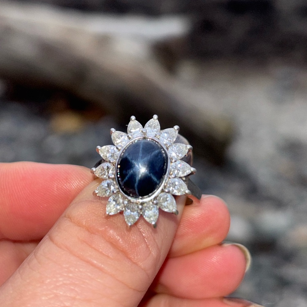 Genuine Blue Star Sapphire Halo Ring Moissanite Stones 925 Sterling Silver 9